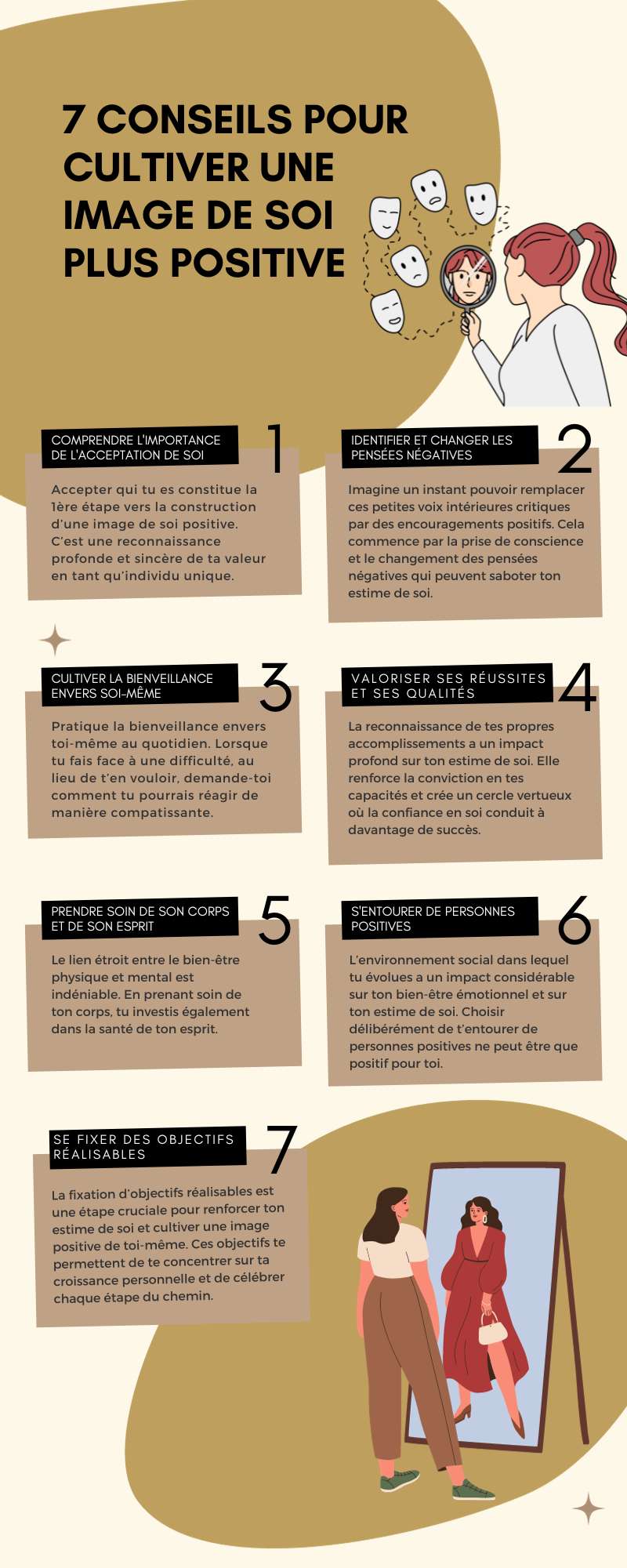 S'accepter et s'aimer telle que l'on est peut s'avérer parfois bien compliqué entre les pressions de la société et nos propres complexes. Je te propose de découvrir 7 conseils pour améliorer son image de soi. 