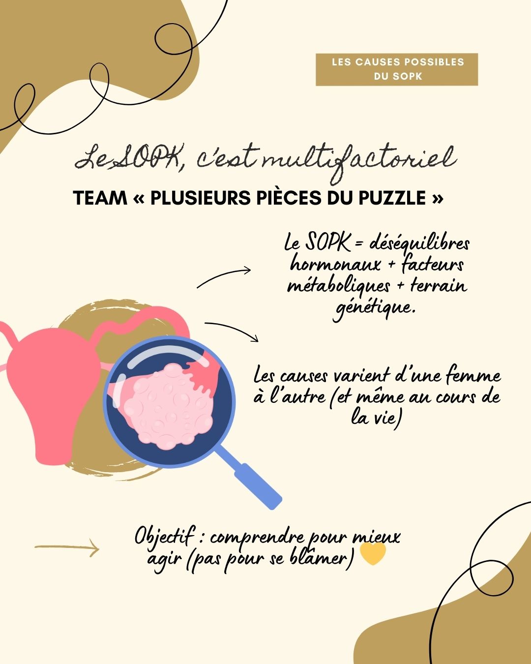 Le syndrome des ovaires polykystiques (SOPK) est un trouble hormonal fréquent chez les femmes en âge de procréer, caractérisé par des cycles irréguliers, un excès d’androgènes et parfois des ovaires polykystiques. Il s’accompagne souvent de symptômes métaboliques comme la résistance à l’insuline, la prise de poids abdominale et une inflammation de bas grade. Bien que chronique, le SOPK peut être efficacement pris en charge grâce à une combinaison de suivi médical, adaptations alimentaires, activité physique et, si nécessaire, traitements médicamenteux ou compléments.