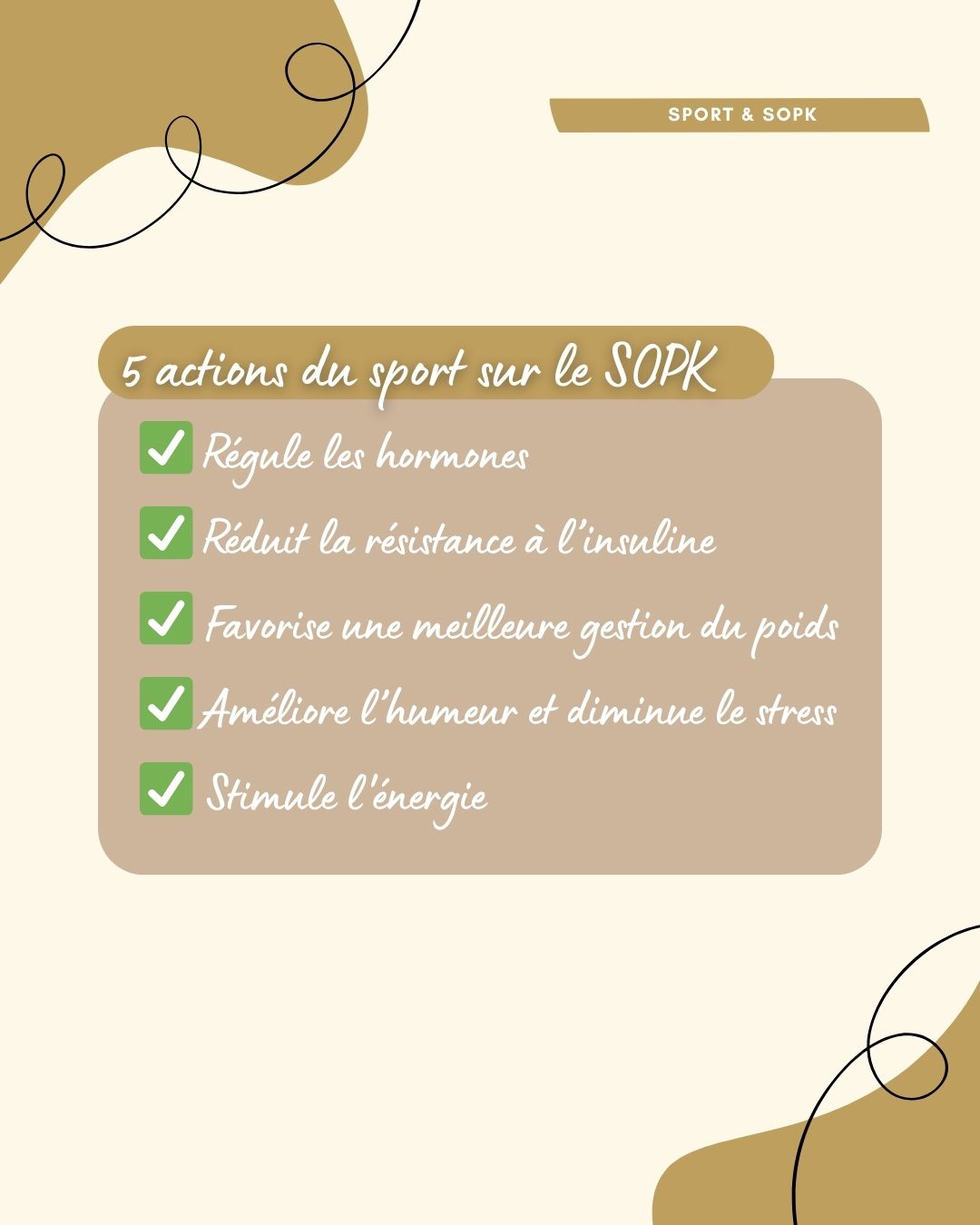 Le syndrome des ovaires polykystiques (SOPK) est un trouble hormonal fréquent chez les femmes en âge de procréer, caractérisé par des cycles irréguliers, un excès d’androgènes et parfois des ovaires polykystiques. Il s’accompagne souvent de symptômes métaboliques comme la résistance à l’insuline, la prise de poids abdominale et une inflammation de bas grade. Bien que chronique, le SOPK peut être efficacement pris en charge grâce à une combinaison de suivi médical, adaptations alimentaires, activité physique et, si nécessaire, traitements médicamenteux ou compléments.