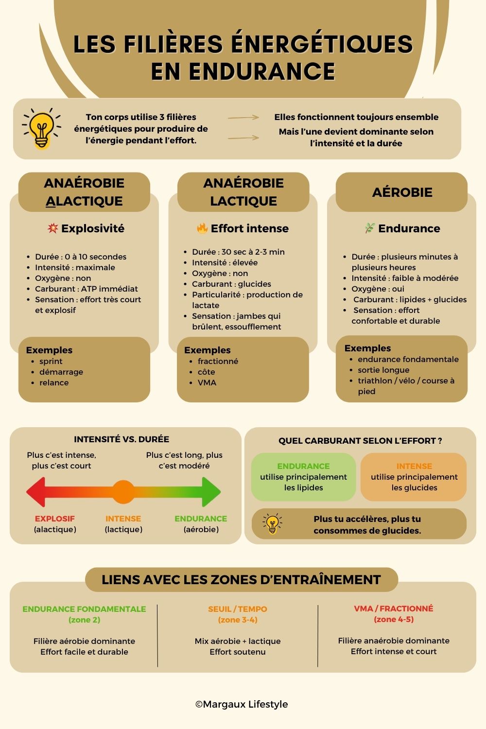 Les filières énergétiques en sport correspondent aux différents mécanismes utilisés par le corps pour produire de l’énergie pendant l’effort, en fonction de l’intensité et de la durée. En endurance, la filière aérobie est dominante, mais elle fonctionne toujours en complément des filières anaérobies, notamment lors des variations d’allure ou des séances plus intenses comme la VMA. Comprendre ces systèmes énergétiques permet de mieux utiliser ses zones d’entraînement, d’améliorer son endurance et d’adapter son alimentation pour éviter la fatigue.